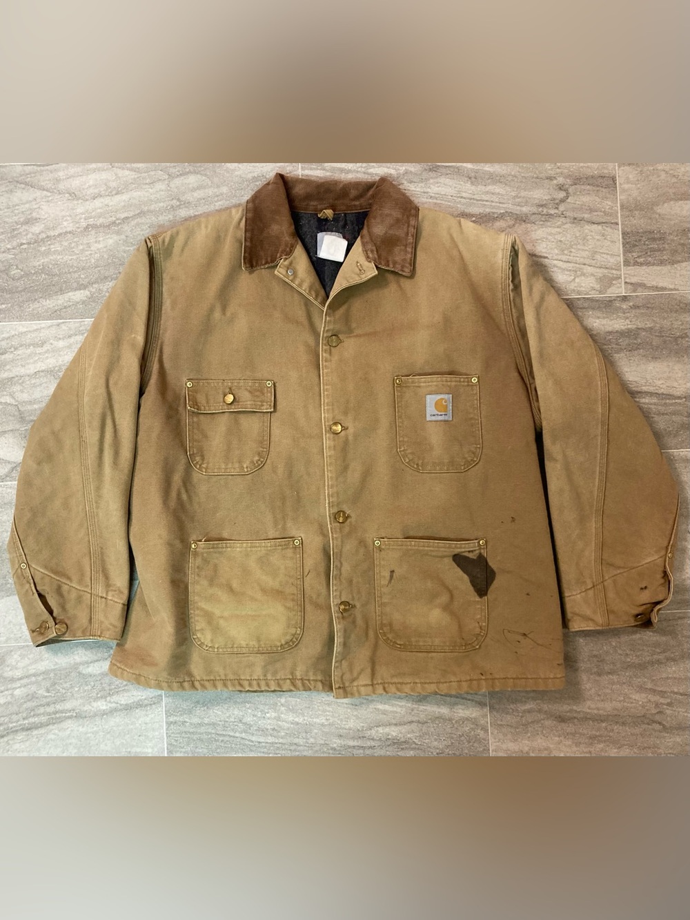 Vtg 90s Carhartt Tan/Brown Duck Canvas Work Chore Coat Corduroy Collar XXL 2XL